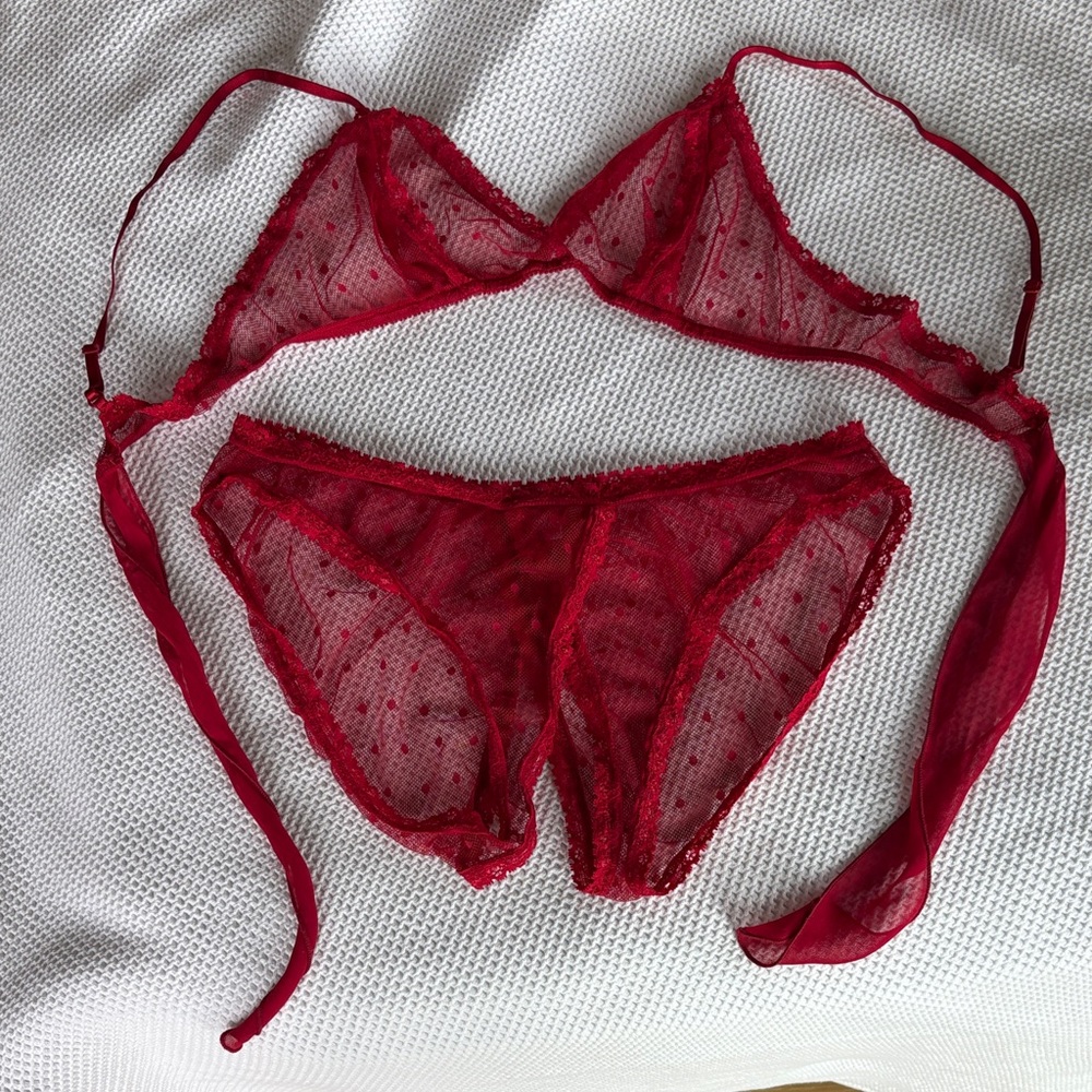 Only Hearts Sheer Red Polka Dot Lace Bralette and Brief Set Size Large